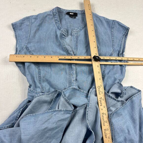 DKNY Cap Short Sleeve Chambray Dress Size 2 Blue Belted Asymmetrical Hem Midi - Picture 6 of 11